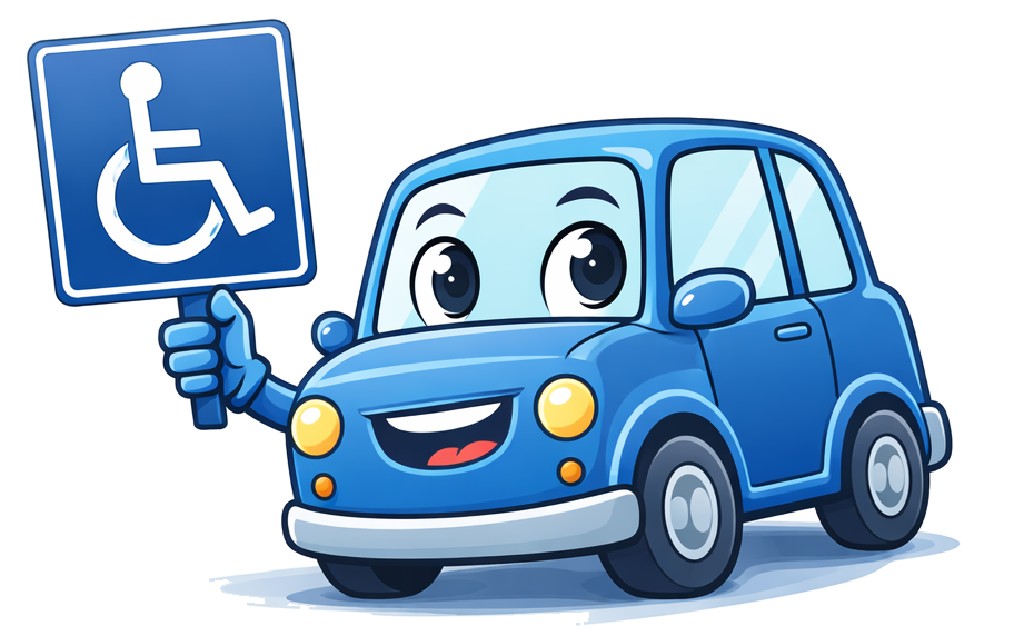 Blue car holding an accessible parking sign